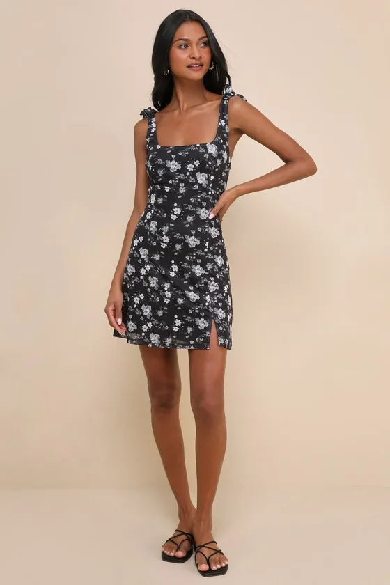 Whimsical Cutie Black Floral Mesh Tie-Strap Mini Dress sold by Lulus