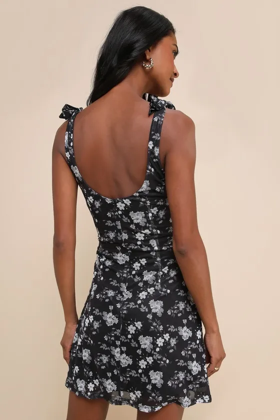 Whimsical Cutie Black Floral Mesh Tie-Strap Mini Dress sold by Lulus product image thumbnail 4