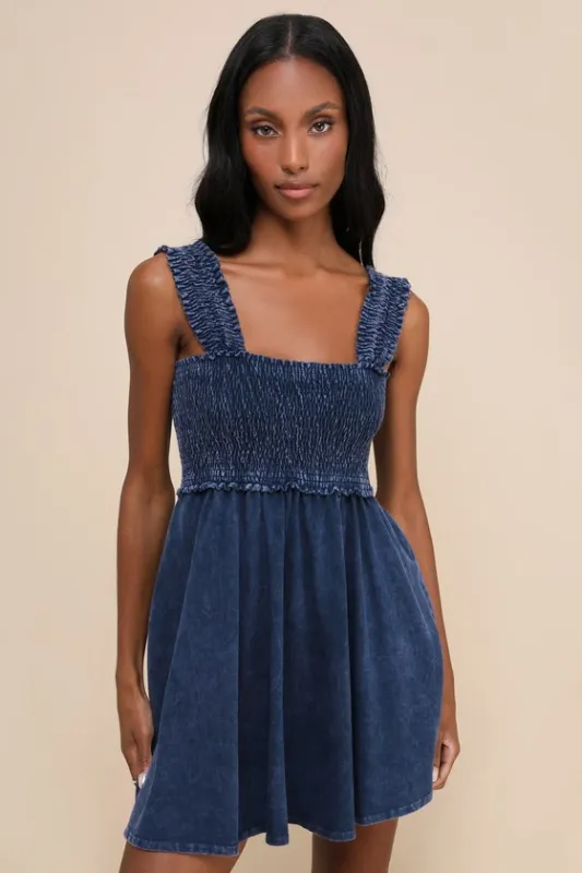 Effortlessly Lovely Washed Navy Blue Smocked Mini Dress made by Lulus