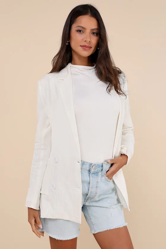 Poised Design White Linen Textured Double-Breasted Blazer sold by Lulus