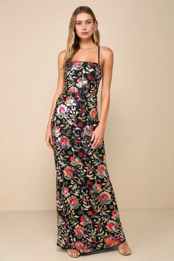 It's Glow Time Black Multi Sequin Lace-Up Mermaid Maxi Dress sold by Lulus