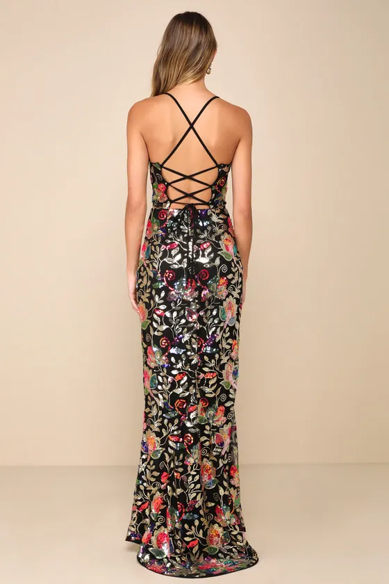 It's Glow Time Black Multi Sequin Lace-Up Mermaid Maxi Dress sold by Lulus product image thumbnail 2