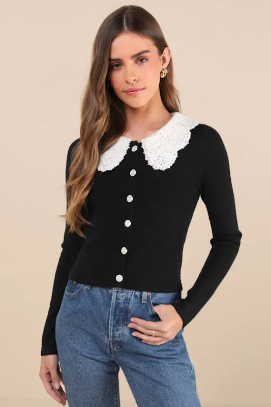 Coquette Babe Black Pointelle Pearl Peter Pan Collar Cardigan sold by Lulus