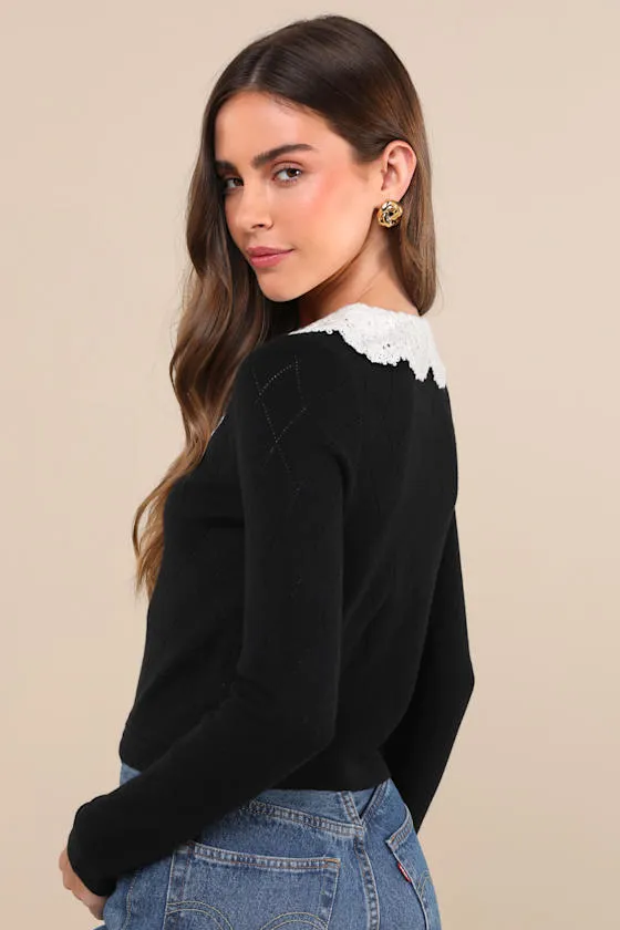Coquette Babe Black Pointelle Pearl Peter Pan Collar Cardigan sold by Lulus product image thumbnail 2