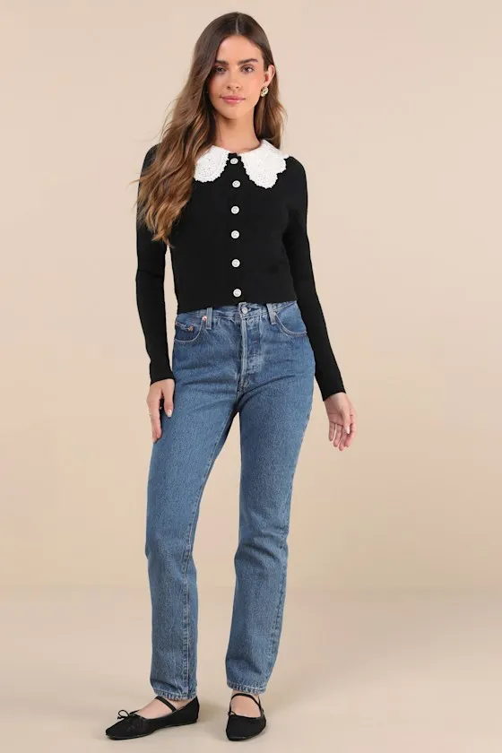 Coquette Babe Black Pointelle Pearl Peter Pan Collar Cardigan sold by Lulus product image thumbnail 3