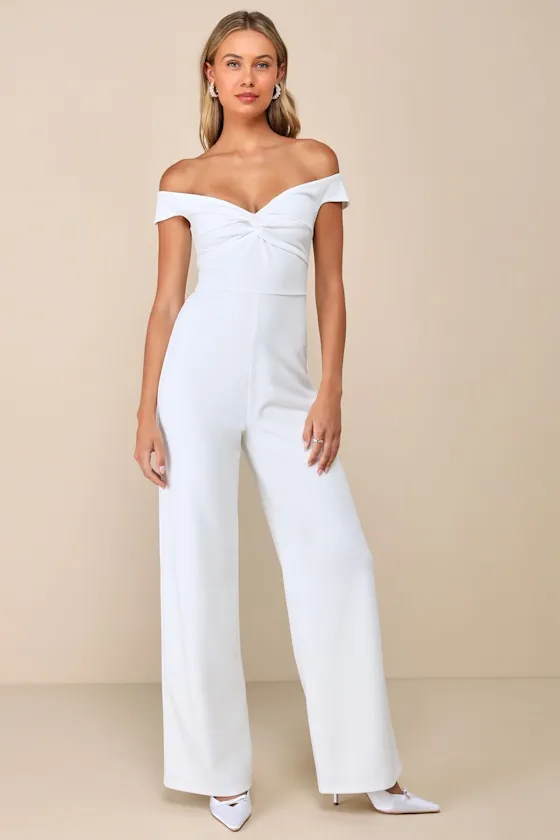 Stunning Existence White Off-the-Shoulder Knot-Front Jumpsuit sold by Lulus