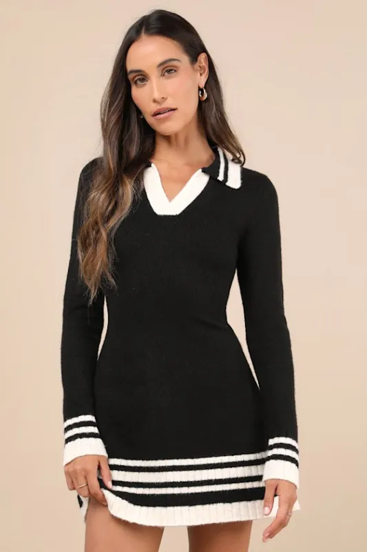 Soft Serenity Black and Ivory Collared Sweater Mini Dress sold by Lulus