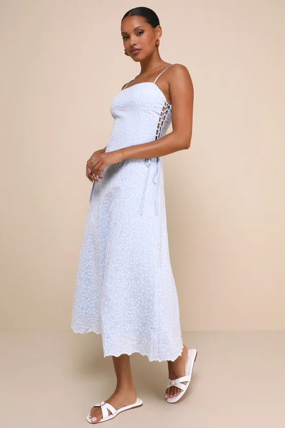Adoring Pose Blue Embroidered Floral Lace-Up Midi Dress sold by Lulus