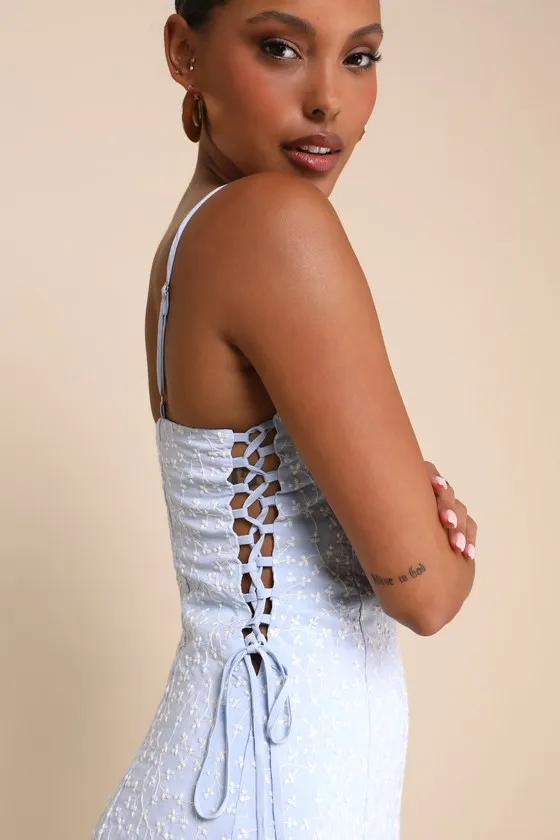 Adoring Pose Blue Embroidered Floral Lace-Up Midi Dress sold by Lulus product image thumbnail 2