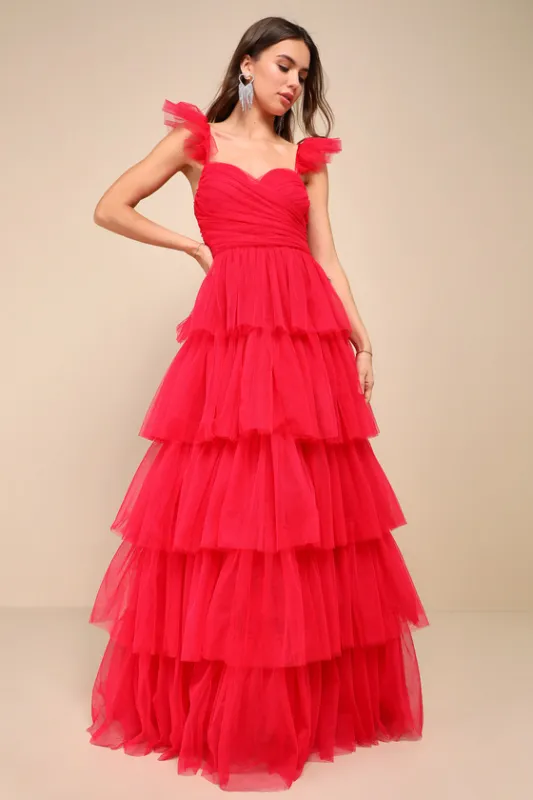 Fabulous Poise Bright Red Tulle Ruffled Tiered Maxi Dress sold by Lulus