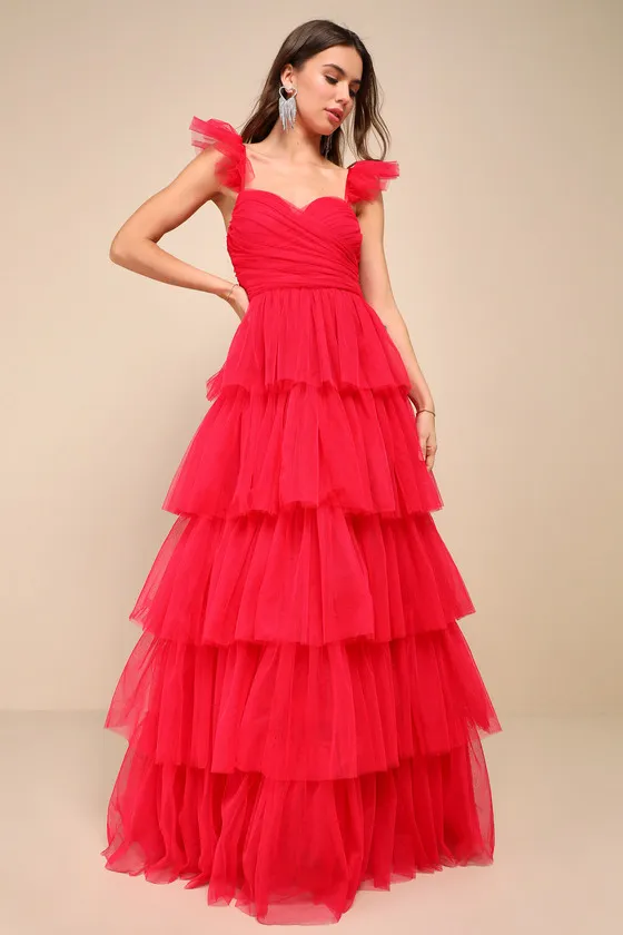Fabulous Poise Bright Red Tulle Ruffled Tiered Maxi Dress sold by Lulus
