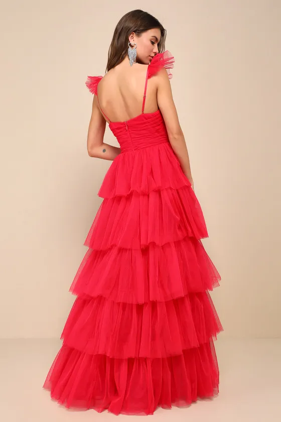 Fabulous Poise Bright Red Tulle Ruffled Tiered Maxi Dress sold by Lulus product image thumbnail 2