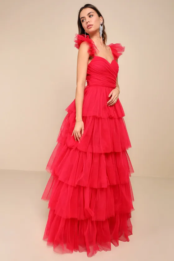 Fabulous Poise Bright Red Tulle Ruffled Tiered Maxi Dress sold by Lulus product image thumbnail 3