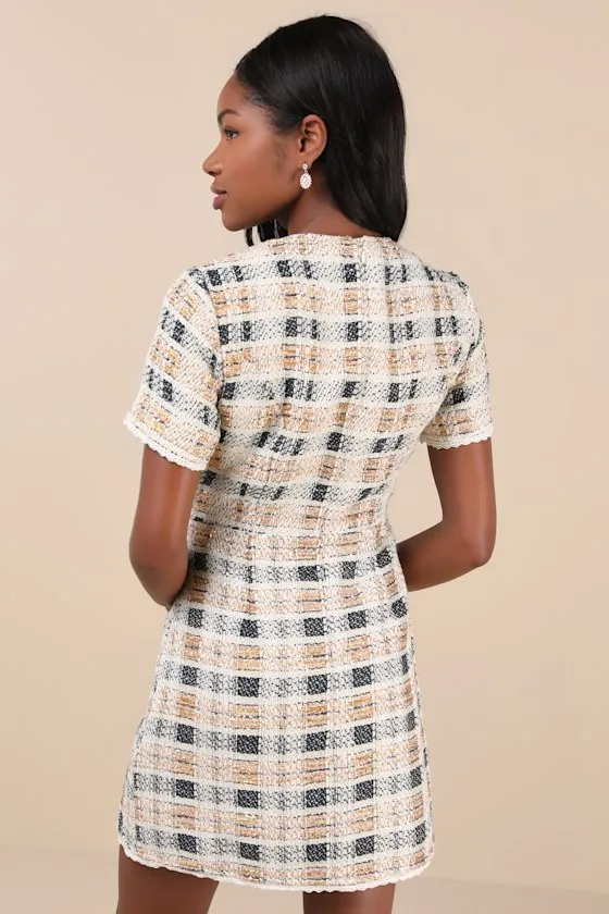 Uniquely Posh Beige Tweed Sequin Lurex Short Sleeve Mini Dress sold by Lulus product image thumbnail 2