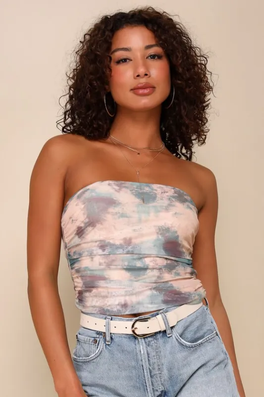 Flirty Focus Beige Abstract Print Mesh Strapless Crop Top sold by Lulus
