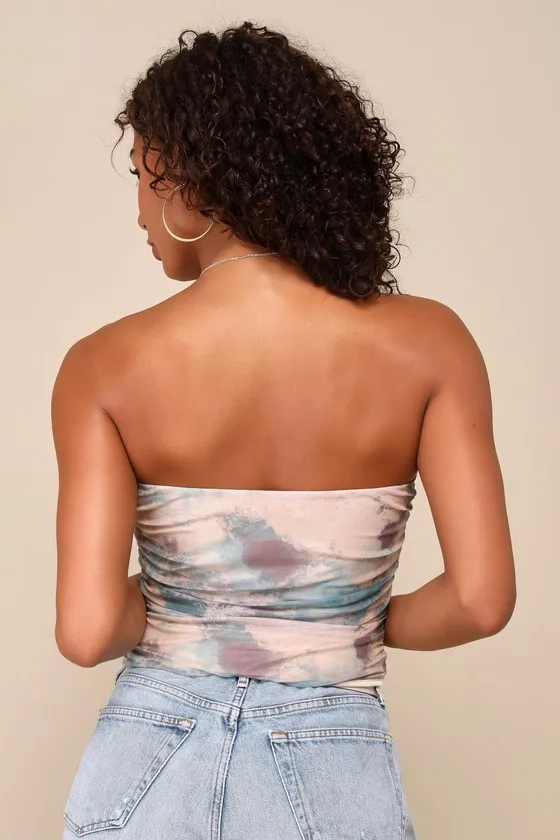 Flirty Focus Beige Abstract Print Mesh Strapless Crop Top sold by Lulus product image thumbnail 3