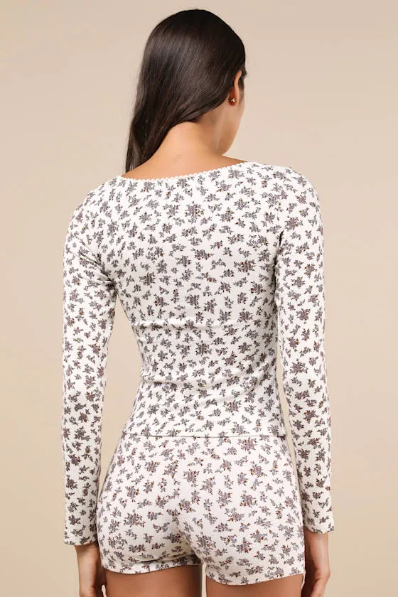 Bovita Cream Floral Ribbed Long Sleeve Top sold by Lulus product image thumbnail 2