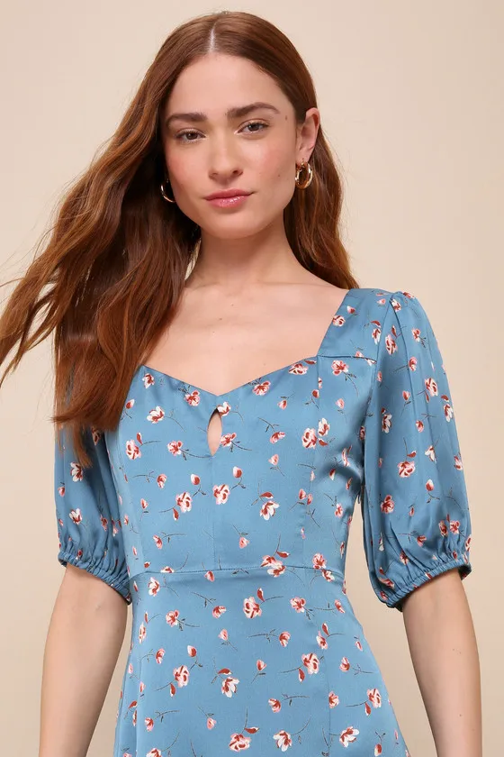Gorgeous Days Blue Floral Satin Puff Sleeve Midi Dress sold by Lulus product image thumbnail 2