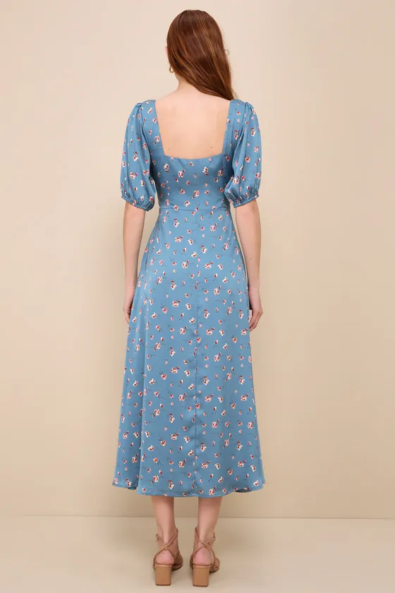 Gorgeous Days Blue Floral Satin Puff Sleeve Midi Dress sold by Lulus product image thumbnail 3