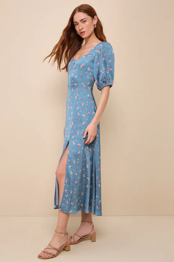 Gorgeous Days Blue Floral Satin Puff Sleeve Midi Dress sold by Lulus product image thumbnail 4