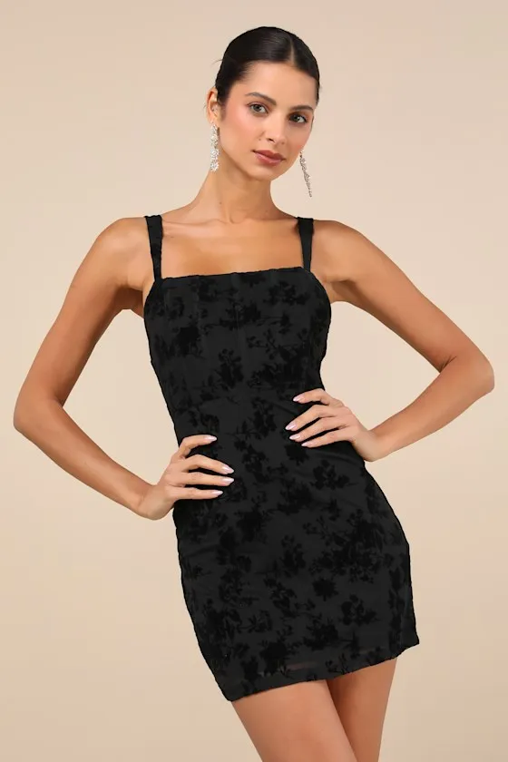 Stunning Status Black Mesh Velvet Burnout Bustier Mini Dress sold by Lulus