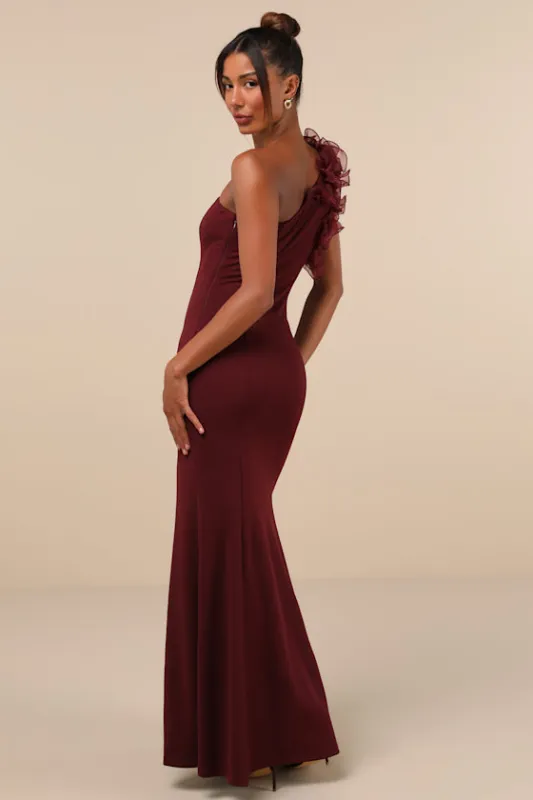 Stunning Significance Plum One-Shoulder 3D Ruffled Maxi Dress made by Lulus