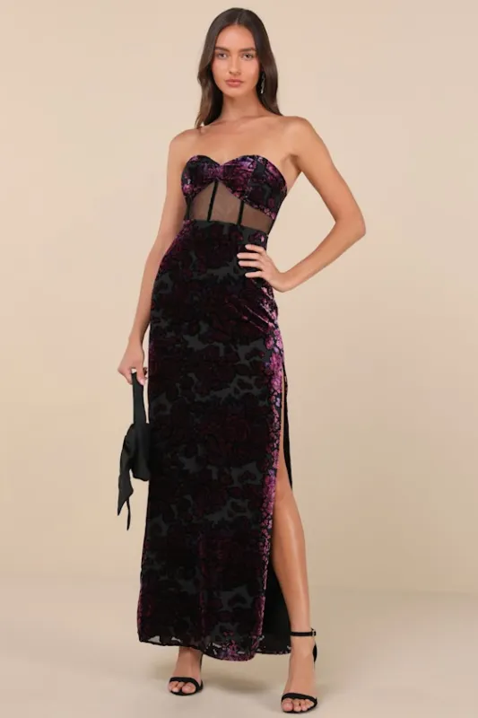 Breathtaking View Black Mesh Burnout Velvet Strapless Maxi Dress sold by Lulus