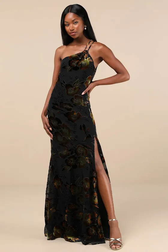 Ethereal Entrance Black Velvet Burnout One-Shoulder Maxi Dress sold by Lulus