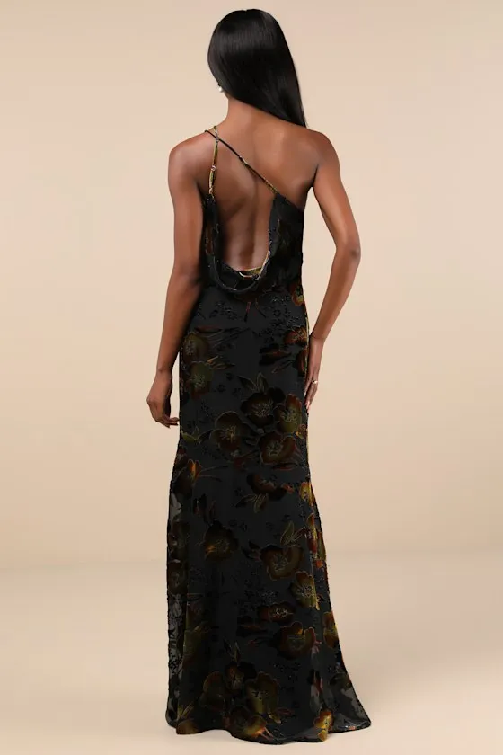Ethereal Entrance Black Velvet Burnout One-Shoulder Maxi Dress sold by Lulus product image thumbnail 2