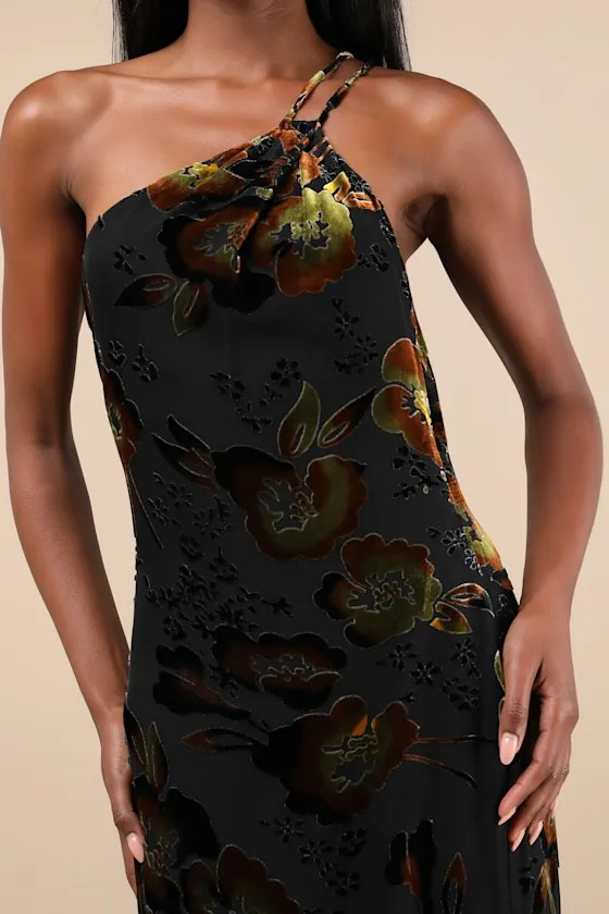 Ethereal Entrance Black Velvet Burnout One-Shoulder Maxi Dress sold by Lulus product image thumbnail 3