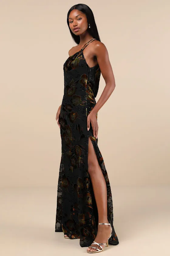 Ethereal Entrance Black Velvet Burnout One-Shoulder Maxi Dress sold by Lulus product image thumbnail 4