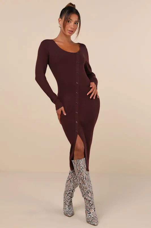 Demure Attitude Chocolate Ribbed Asymmetrical Midi Sweater Dress sold by Lulus