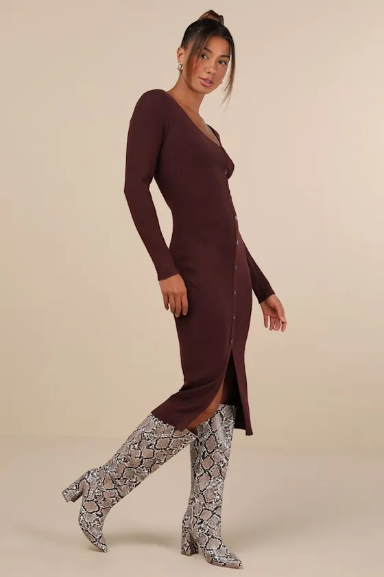 Demure Attitude Chocolate Ribbed Asymmetrical Midi Sweater Dress sold by Lulus product image thumbnail 2