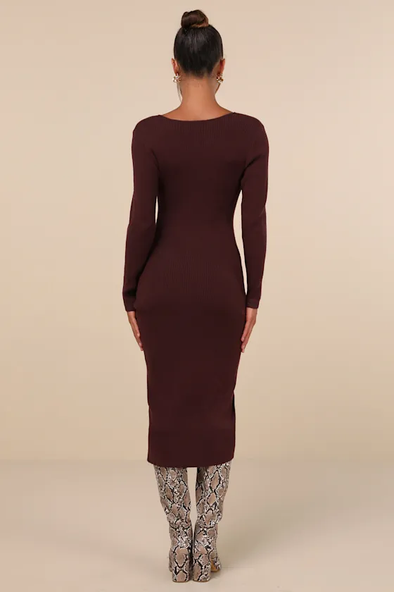 Demure Attitude Chocolate Ribbed Asymmetrical Midi Sweater Dress sold by Lulus product image thumbnail 3