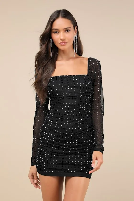 Compelling Radiance Black Mesh Rhinestone Long Sleeve Mini Dress sold by Lulus product image thumbnail 3