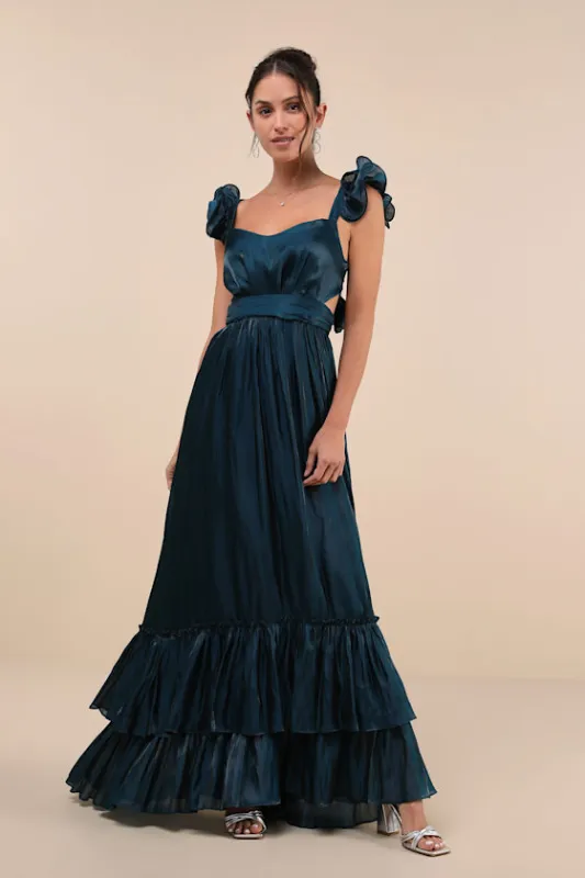Pristine Glow Dark Teal Ruffled Tie-Back Maxi Dress sold by Lulus