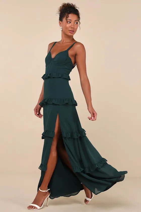 Sincerely Poised Emerald Backless Bustier Tiered Maxi Dress sold by Lulus