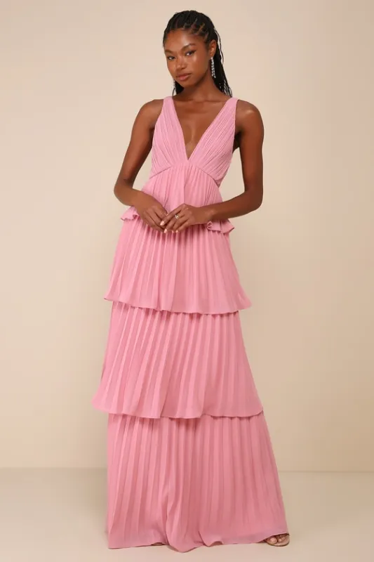 Mesmerizing Essence Pink Pleated Backless Tiered Maxi Dress sold by Lulus