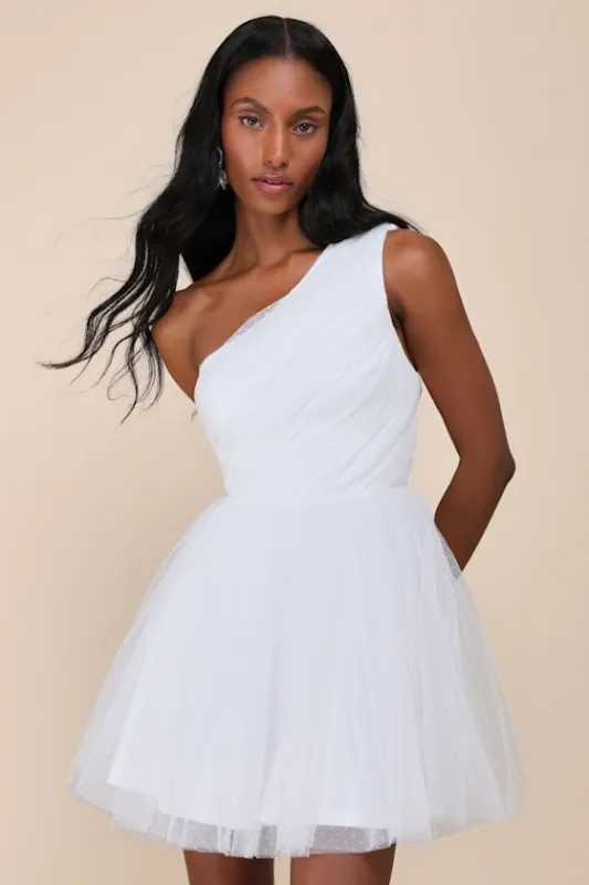 Exceptional Moments White Swiss Dot One-Shoulder Mini Dress sold by Lulus