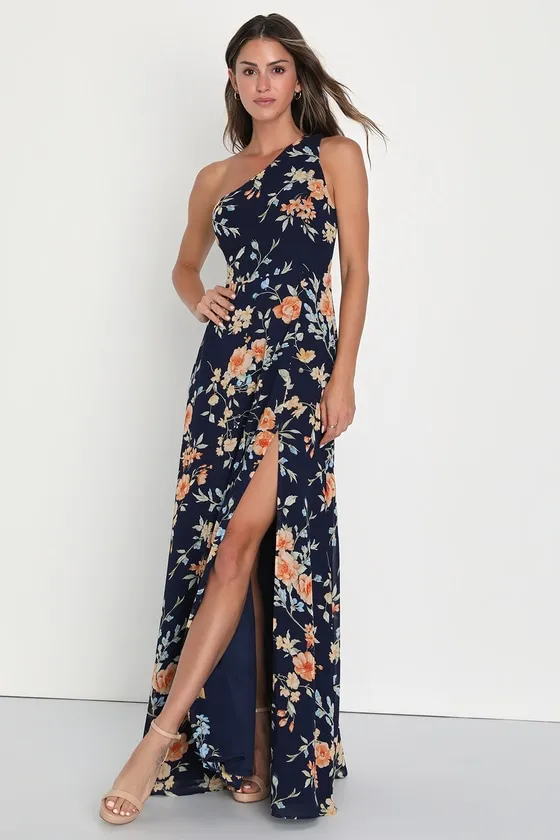Elegant Admiration Navy Blue Floral One-Shoulder Maxi Dress sold by Lulus