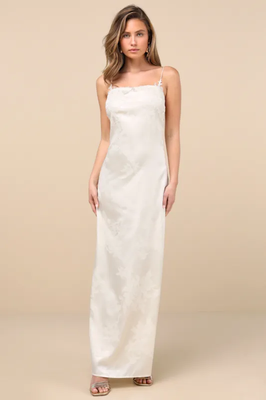 Whimsical Radiance Cream Satin Embroidered Maxi Dress sold by Lulus