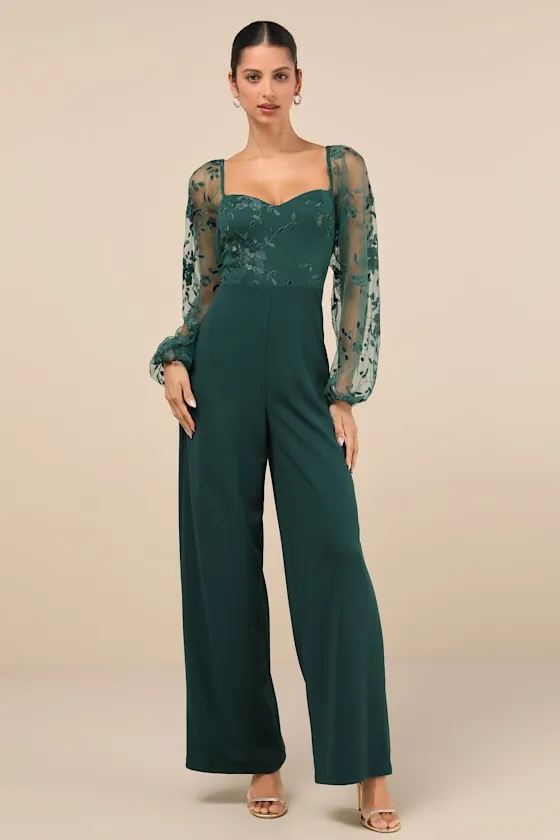 Darling Charisma Emerald Mesh Embroidered Jumpsuit sold by Lulus