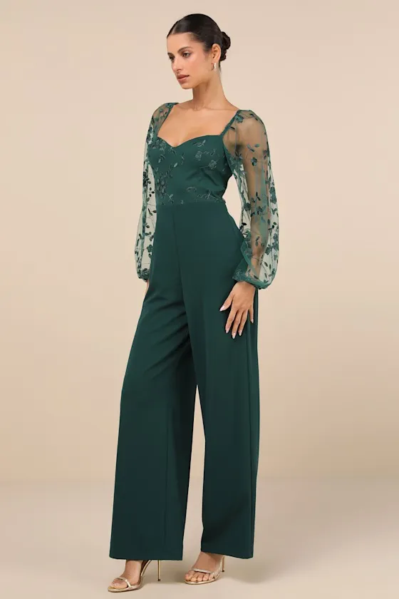 Darling Charisma Emerald Mesh Embroidered Jumpsuit sold by Lulus product image thumbnail 3