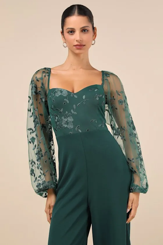 Darling Charisma Emerald Mesh Embroidered Jumpsuit sold by Lulus product image thumbnail 4