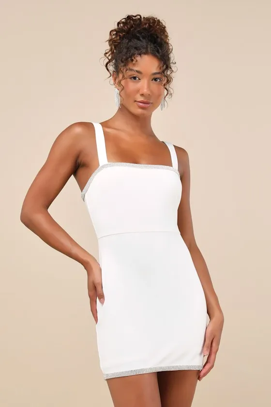Glowing Allure White Rhinestone Sleeveless Bodycon Mini Dress sold by Lulus