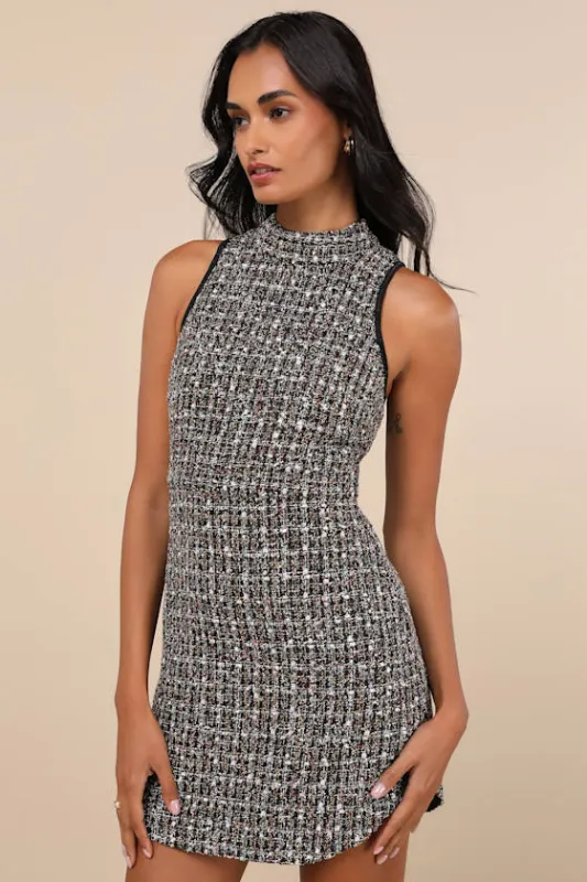 Glittery Poise Black Multi Tweed Sleeveless Mini Dress sold by Lulus