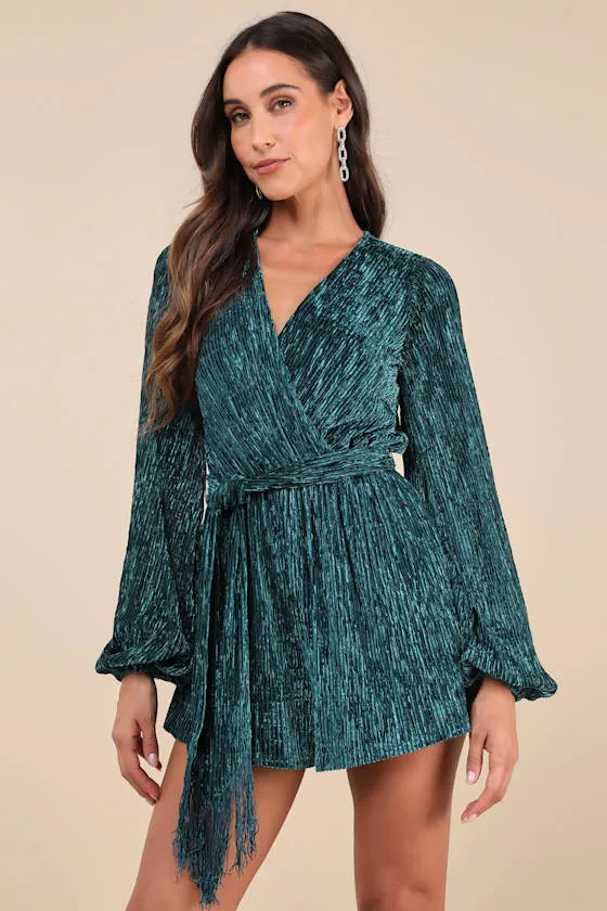 Signature Poise Teal Velvet Shadow Stripe Surplice Romper sold by Lulus
