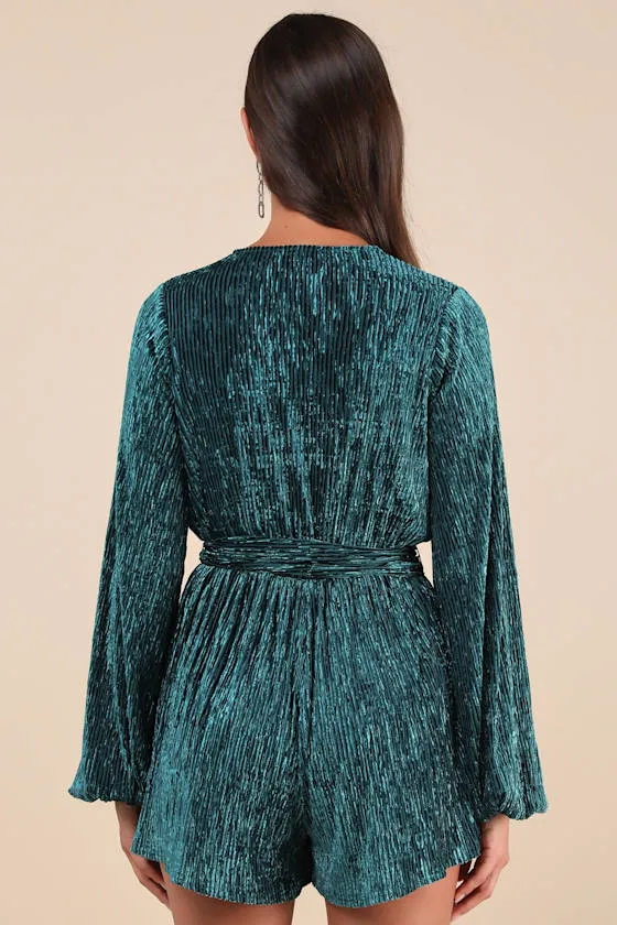Signature Poise Teal Velvet Shadow Stripe Surplice Romper sold by Lulus product image thumbnail 2