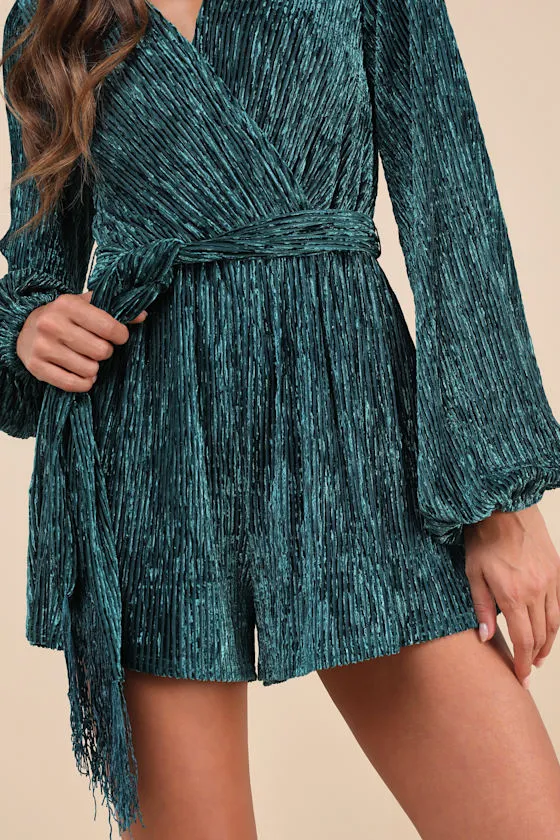 Signature Poise Teal Velvet Shadow Stripe Surplice Romper sold by Lulus product image thumbnail 4