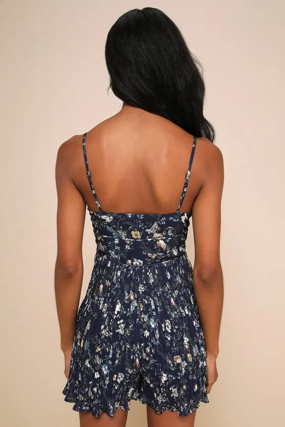 Exceptionally Delightful Navy Floral Plisse Bustier Romper sold by Lulus product image thumbnail 2